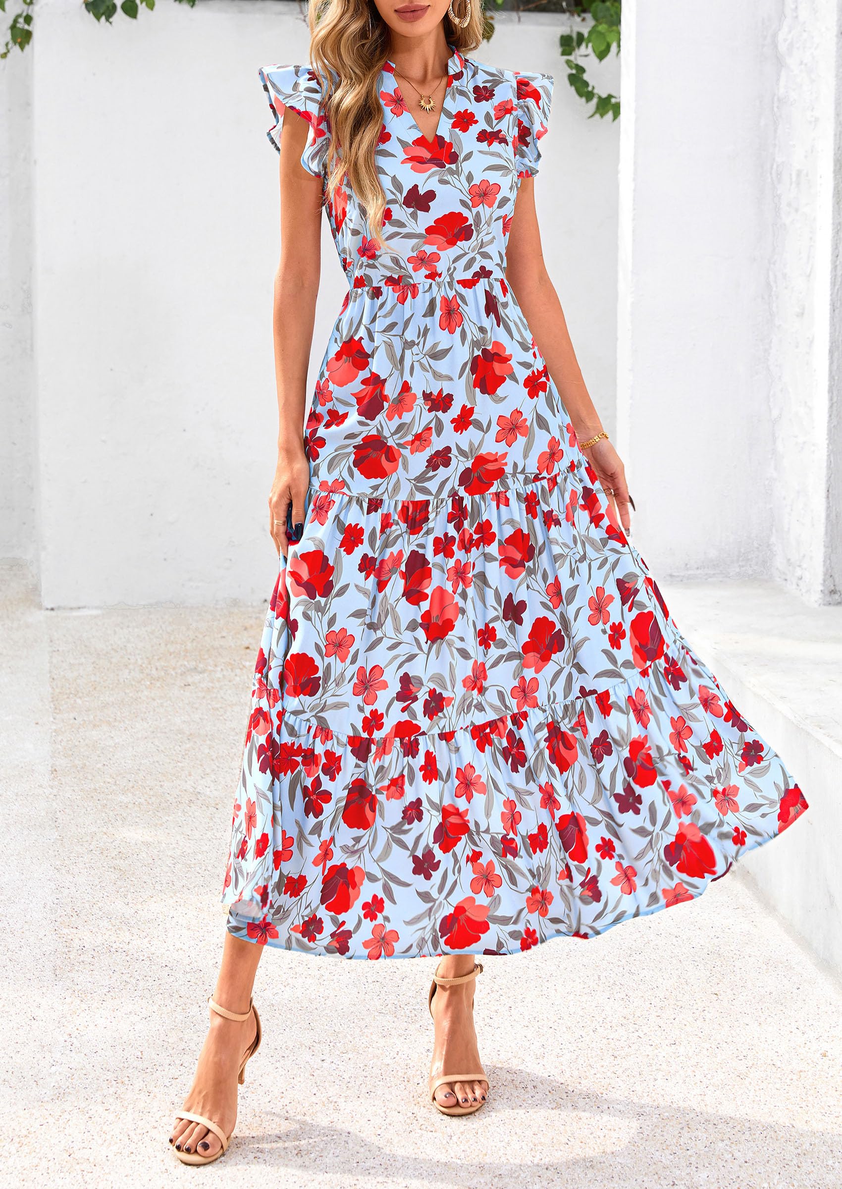 V Neck White Wrap Dress With Red Flowers Red And White Floral