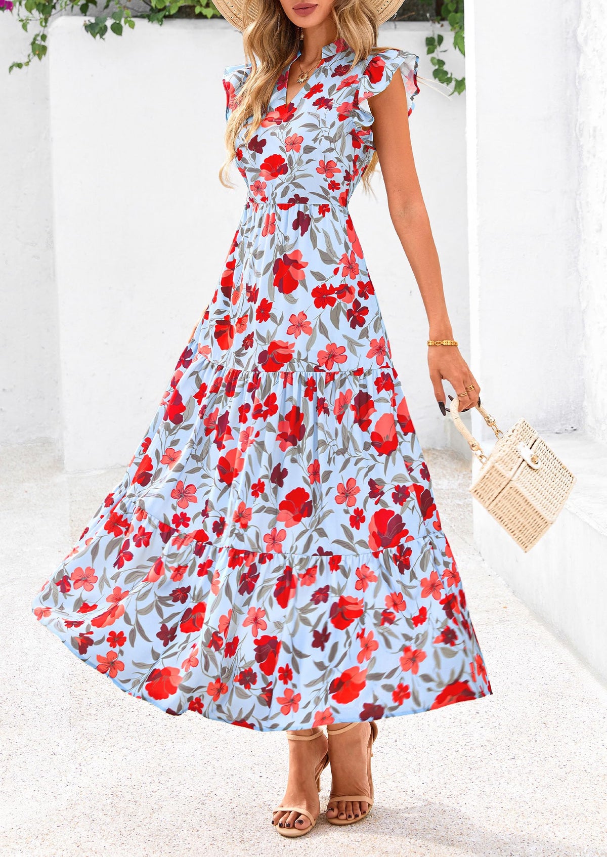 Floral Cap Sleeve V Neck Ruffle Flowy Boho Casual Beach Vacation Midi Dress