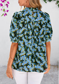 Floral Short Sleeve Dressy Casual Boho Pleated  Blouses