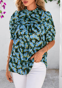 Floral Short Sleeve Dressy Casual Boho Pleated  Blouses