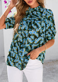 Floral Short Sleeve Dressy Casual Boho Pleated  Blouses