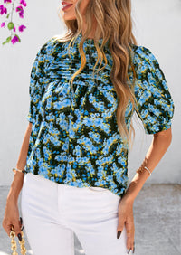 Floral Short Sleeve Dressy Casual Boho Pleated  Blouses