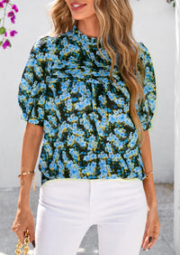 Floral Short Sleeve Dressy Casual Boho Pleated  Blouses