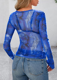 Mesh Long Sleeve Trendy Sheer Leopard Fitted Layering Blouse