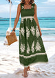 Boho Casual Sleeveless Square Neck Floral A Line Smocked Beach Maxi Dress with Pockets