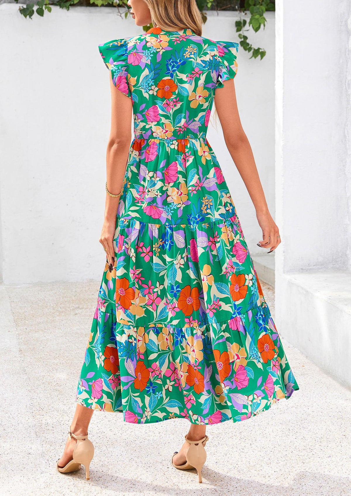 Floral Cap Sleeve V Neck Ruffle Flowy Boho Casual Beach Vacation Midi Dress