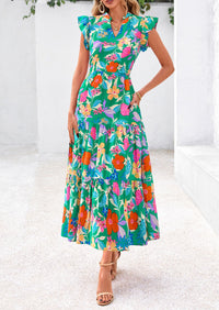 Floral Cap Sleeve V Neck Ruffle Flowy Boho Casual Beach Vacation Midi Dress