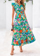 Floral Cap Sleeve V Neck Ruffle Flowy Boho Casual Beach Vacation Midi Dress