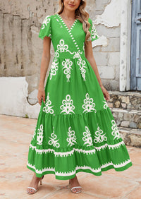 Casual V Neck Boho Flowy A-line Bell Sleeve Tiered Floral Maxi Dresses with Pocket