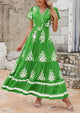 Casual V Neck Boho Flowy A-line Bell Sleeve Tiered Floral Maxi Dresses with Pocket