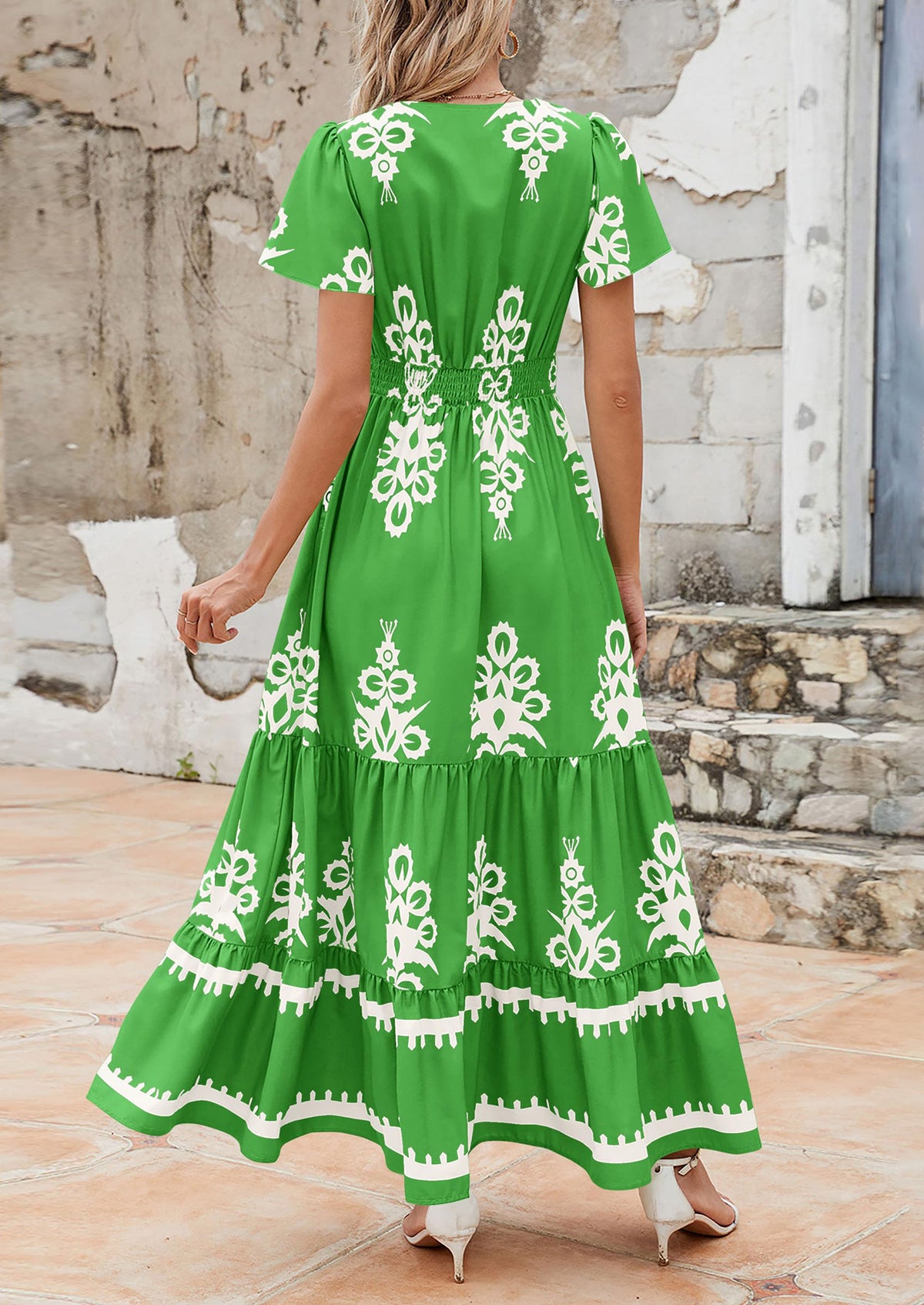Casual V Neck Boho Flowy A-line Bell Sleeve Tiered Floral Maxi Dresses with Pocket