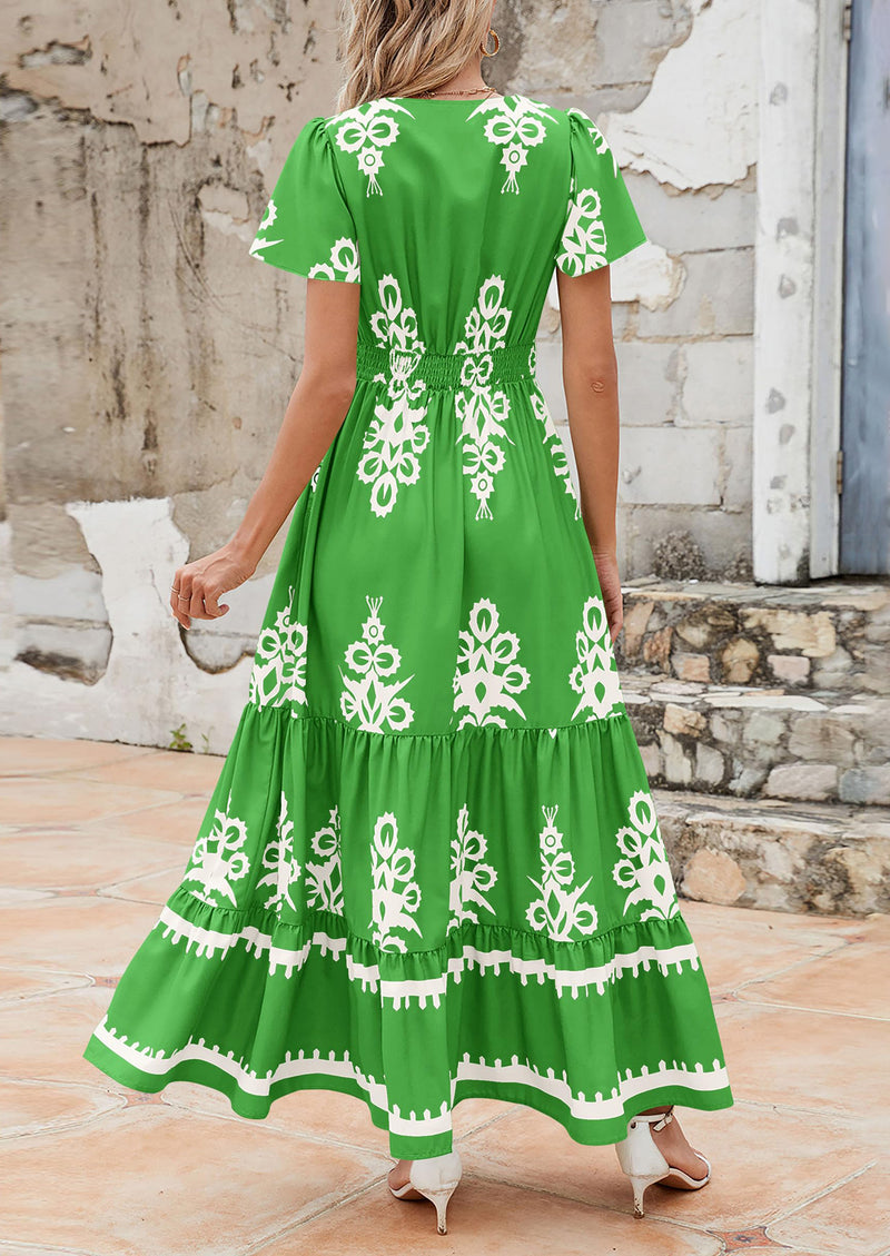 PRETTYGARDEN Floral Casual V neck Bohemian Maxi Dress with Pocket