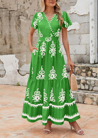 Casual V Neck Boho Flowy A-line Bell Sleeve Tiered Floral Maxi Dresses with Pocket
