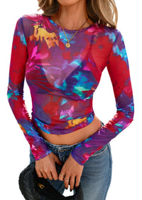 Mesh Long Sleeve Trendy Sheer Leopard Fitted Layering Blouse