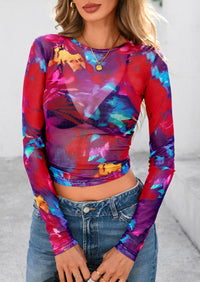 Mesh Long Sleeve Trendy Sheer Leopard Fitted Layering Blouse