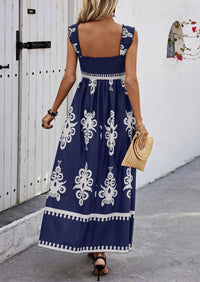 Boho Casual Sleeveless Square Neck Floral A Line Smocked Beach Maxi Dress with Pockets