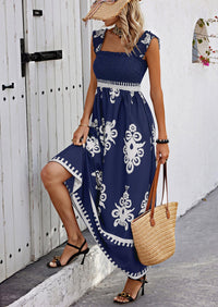 Boho Casual Sleeveless Square Neck Floral A Line Smocked Beach Maxi Dress with Pockets