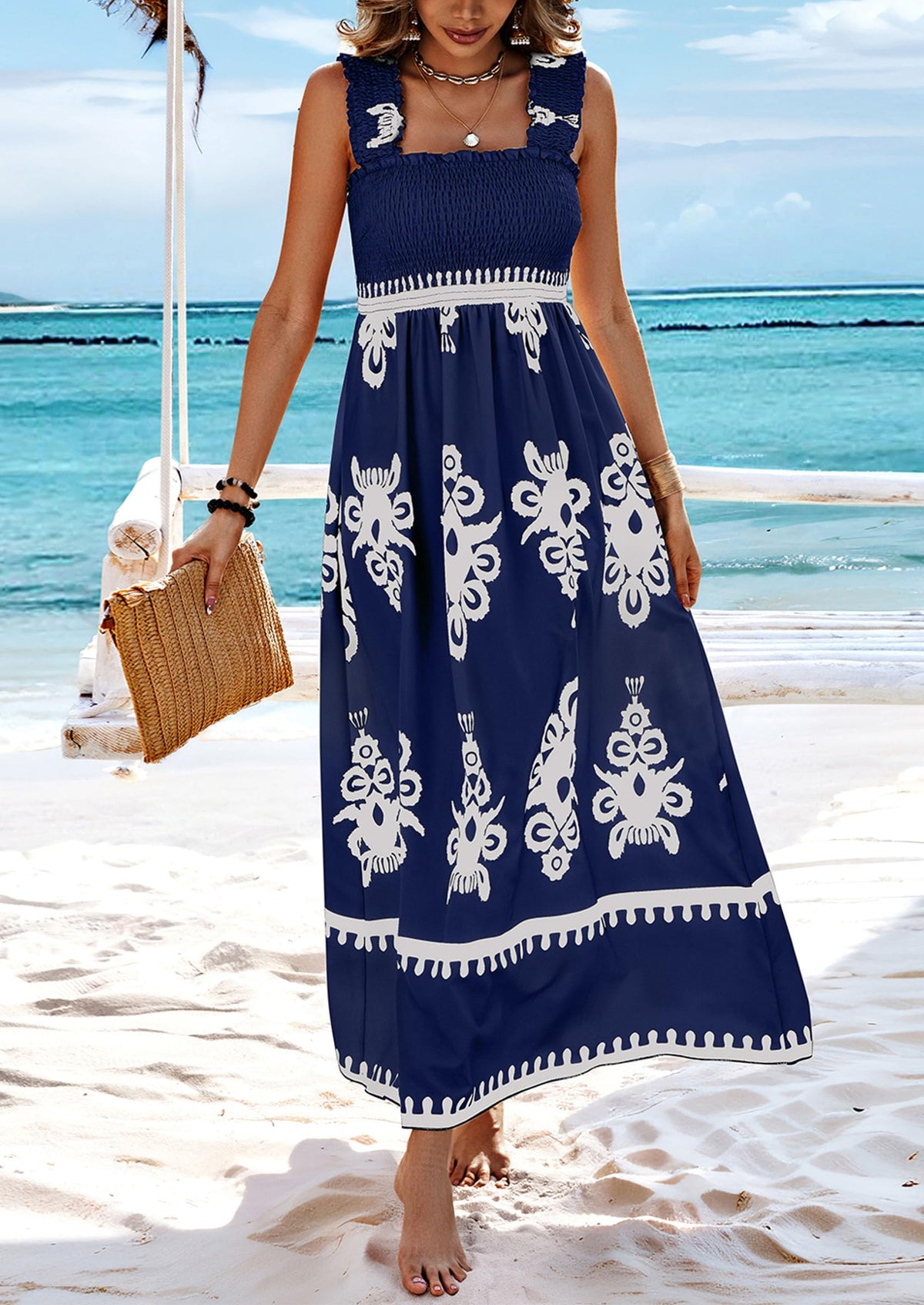 Boho Casual Sleeveless Square Neck Floral A Line Smocked Beach Maxi Dress with Pockets