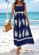 Boho Casual Sleeveless Square Neck Floral A Line Smocked Beach Maxi Dress with Pockets