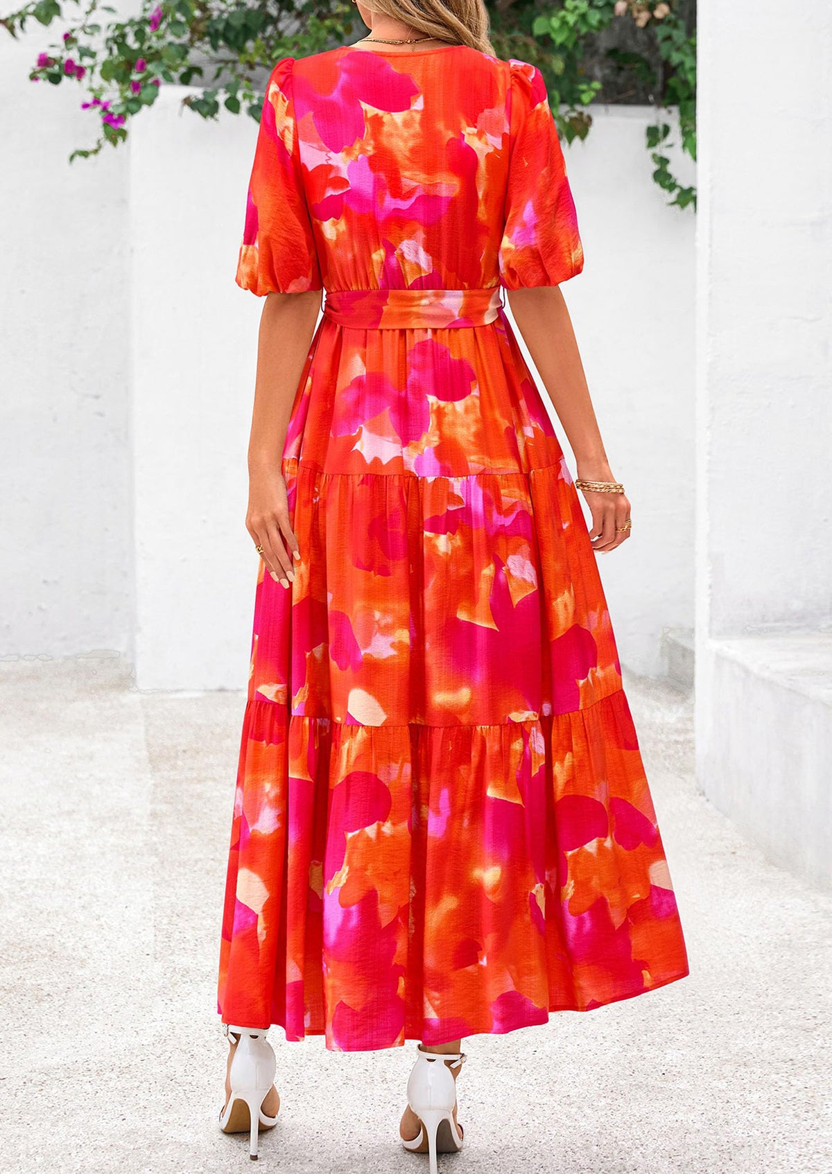 Bohemian Print V-Neck Short Sleeved Ruffled Vacation Maxi Dress