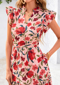 Floral Cap Sleeve V Neck Ruffle Flowy Boho Casual Beach Vacation Midi Dress