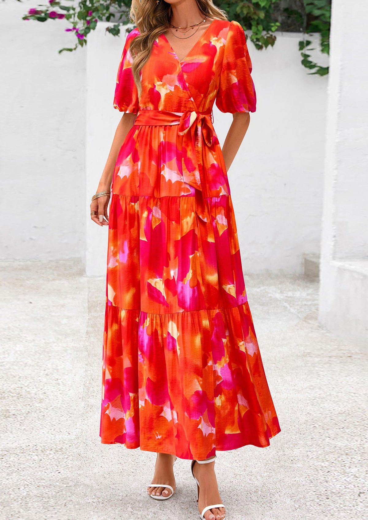 Bohemian Print V-Neck Short Sleeved Ruffled Vacation Maxi Dress