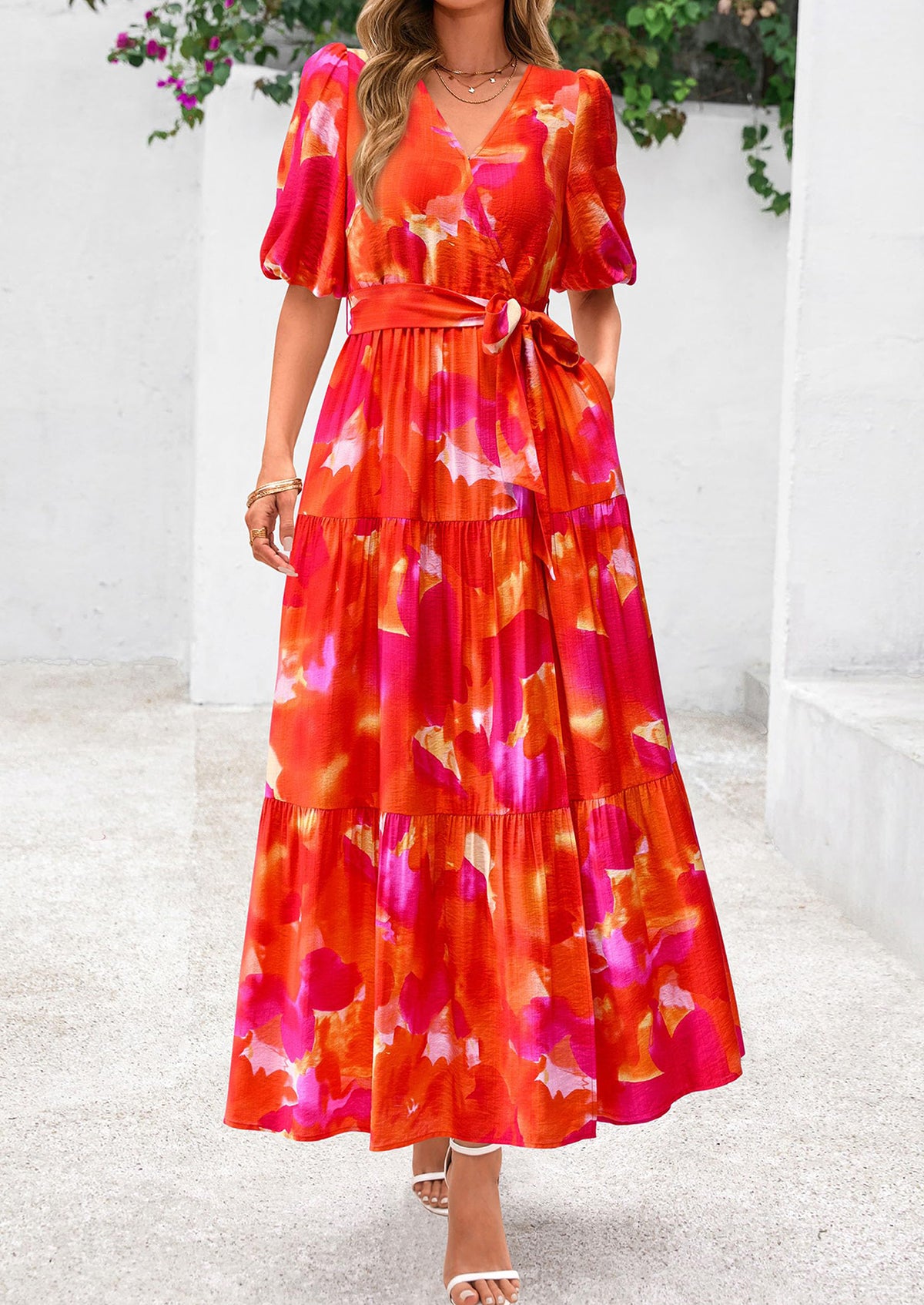 Bohemian Print V-Neck Short Sleeved Ruffled Vacation Maxi Dress