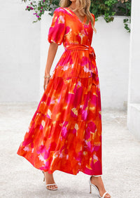 Bohemian Print V-Neck Short Sleeved Ruffled Vacation Maxi Dress