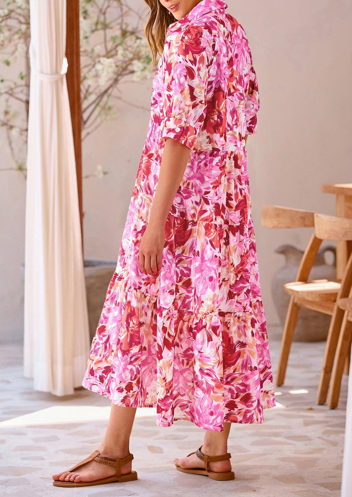 Button Up Ruffle A Line Flowy Maxi Dress