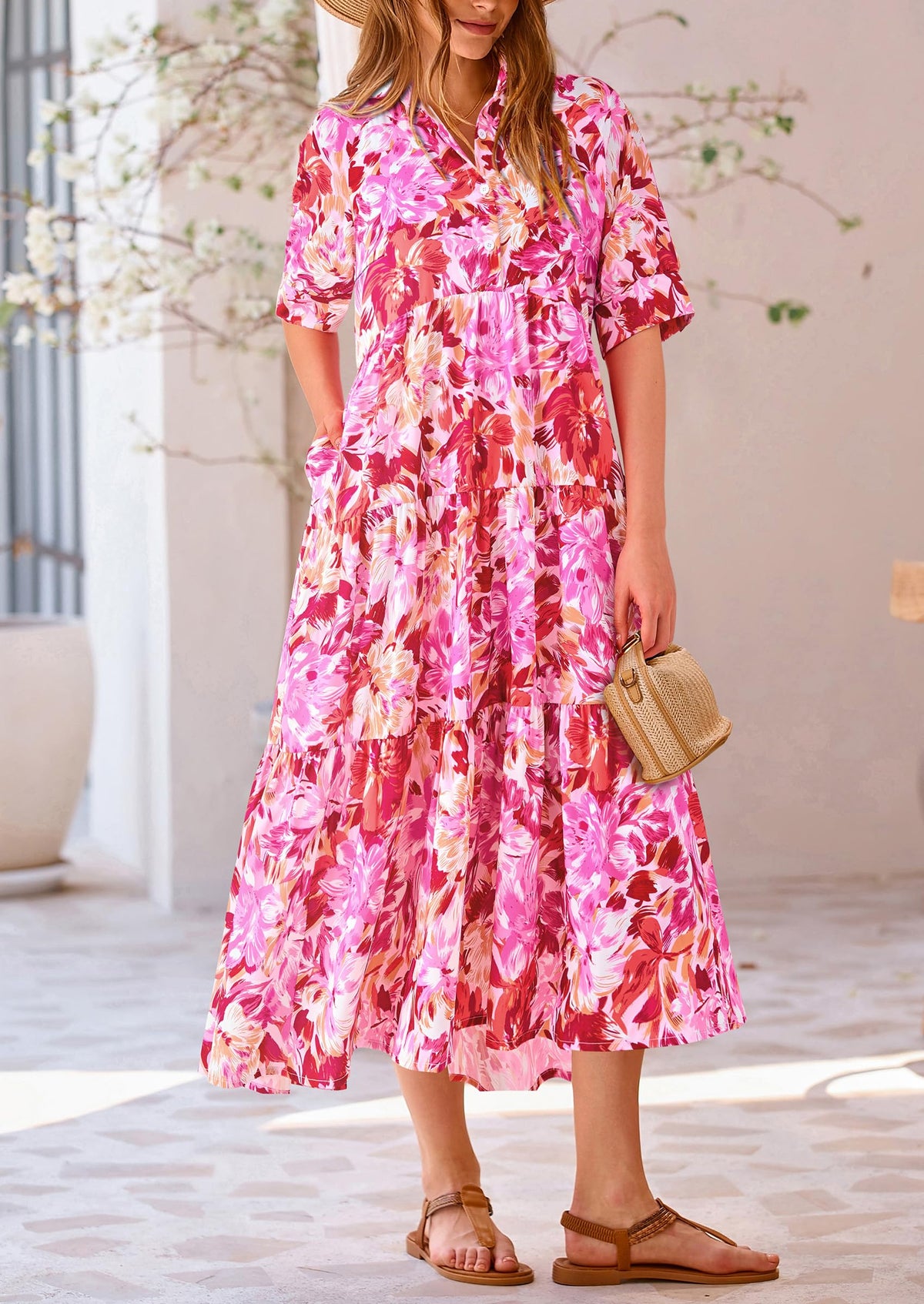 Button Up Ruffle A Line Flowy Maxi Dress