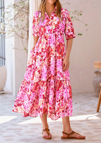 Button Up Ruffle A Line Flowy Maxi Dress