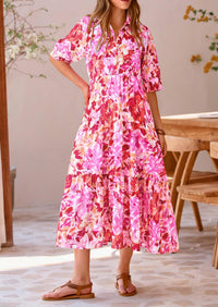 Button Up Ruffle A Line Flowy Maxi Dress