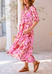 Button Up Ruffle A Line Flowy Maxi Dress