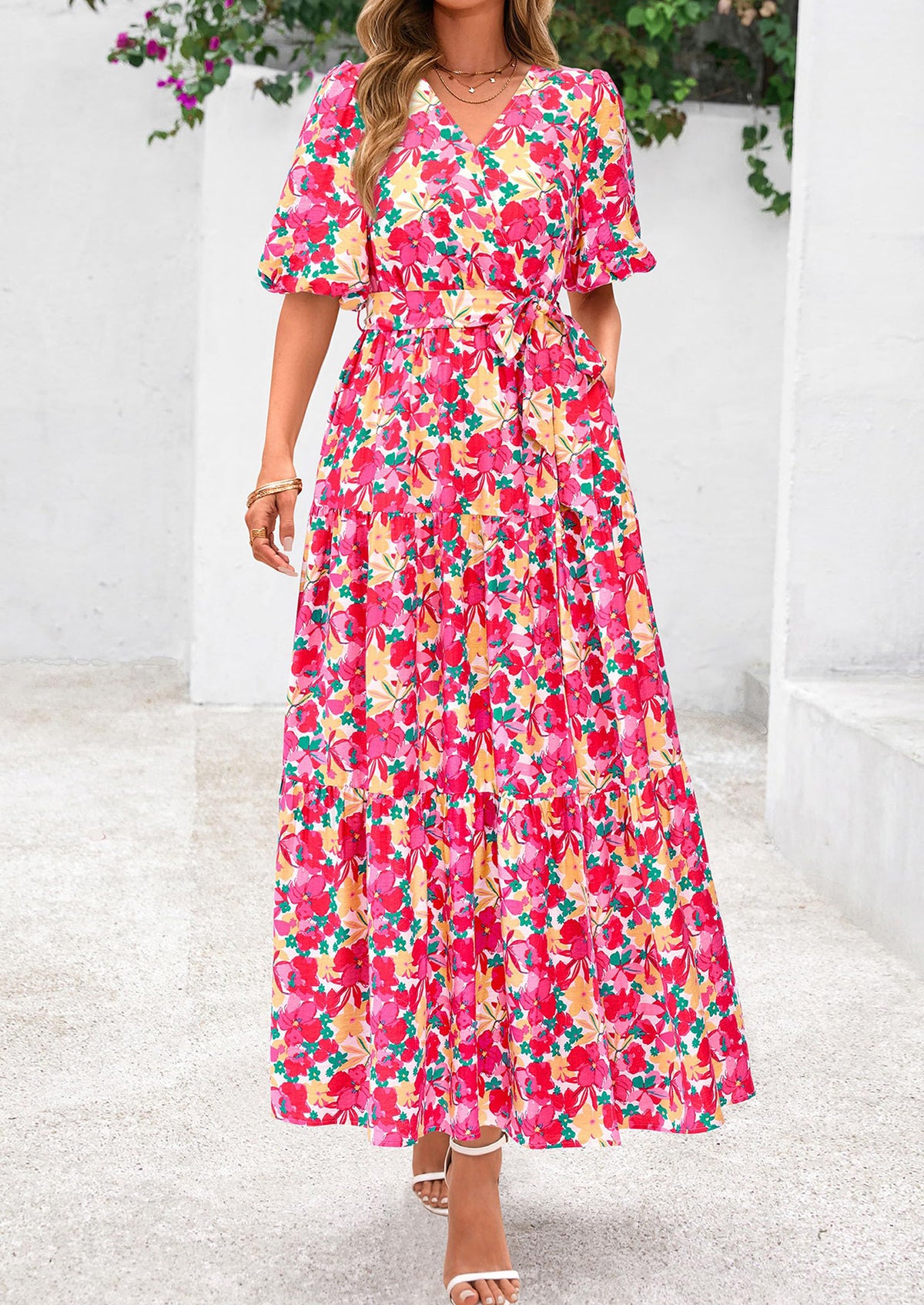 Bohemian Print V-Neck Short Sleeved Ruffled Vacation Maxi Dress