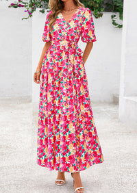 Bohemian Print V-Neck Short Sleeved Ruffled Vacation Maxi Dress