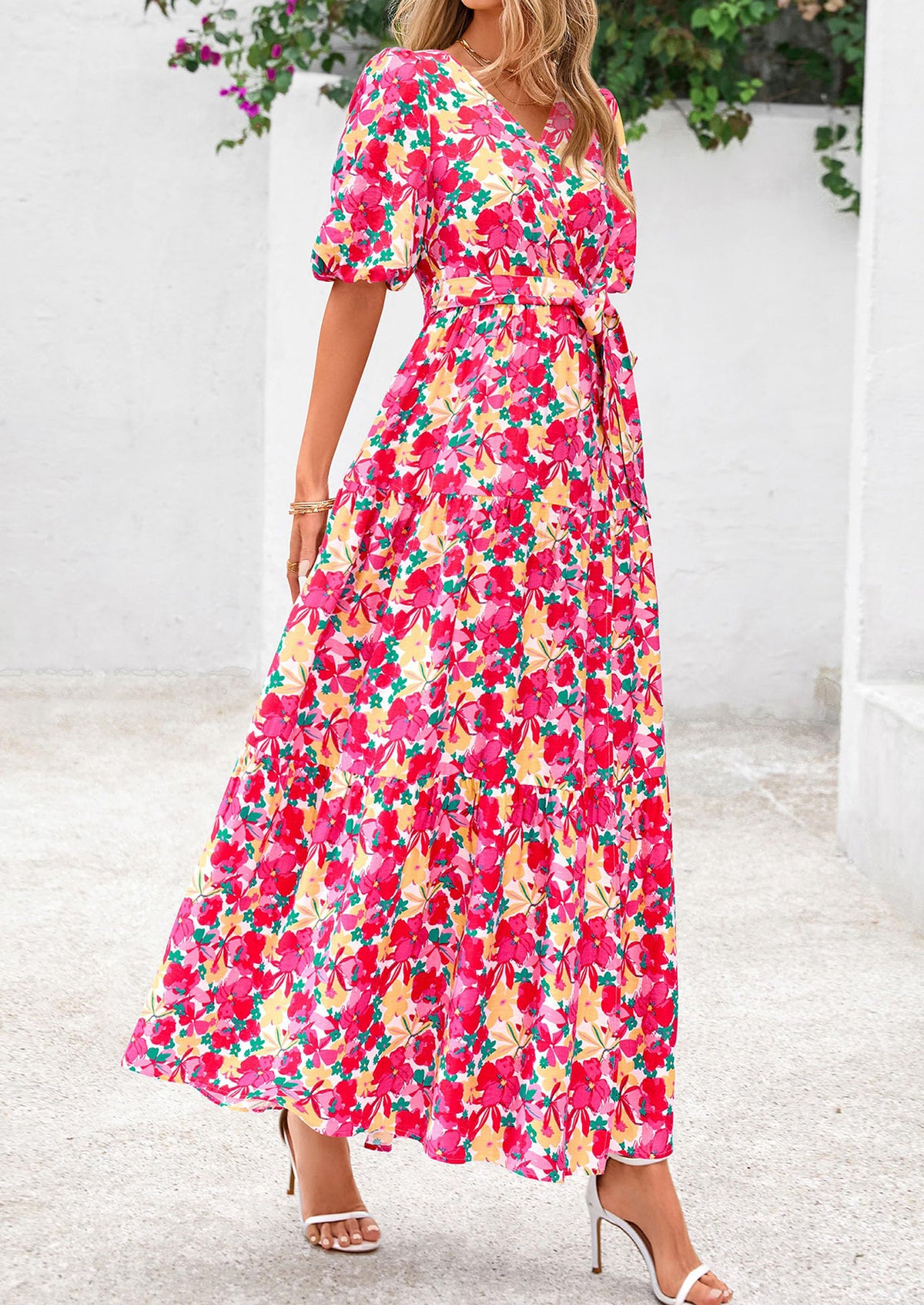 Bohemian Print V-Neck Short Sleeved Ruffled Vacation Maxi Dress