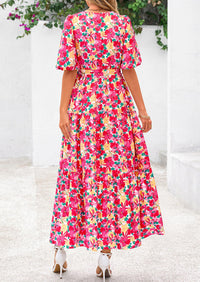 Bohemian Print V-Neck Short Sleeved Ruffled Vacation Maxi Dress