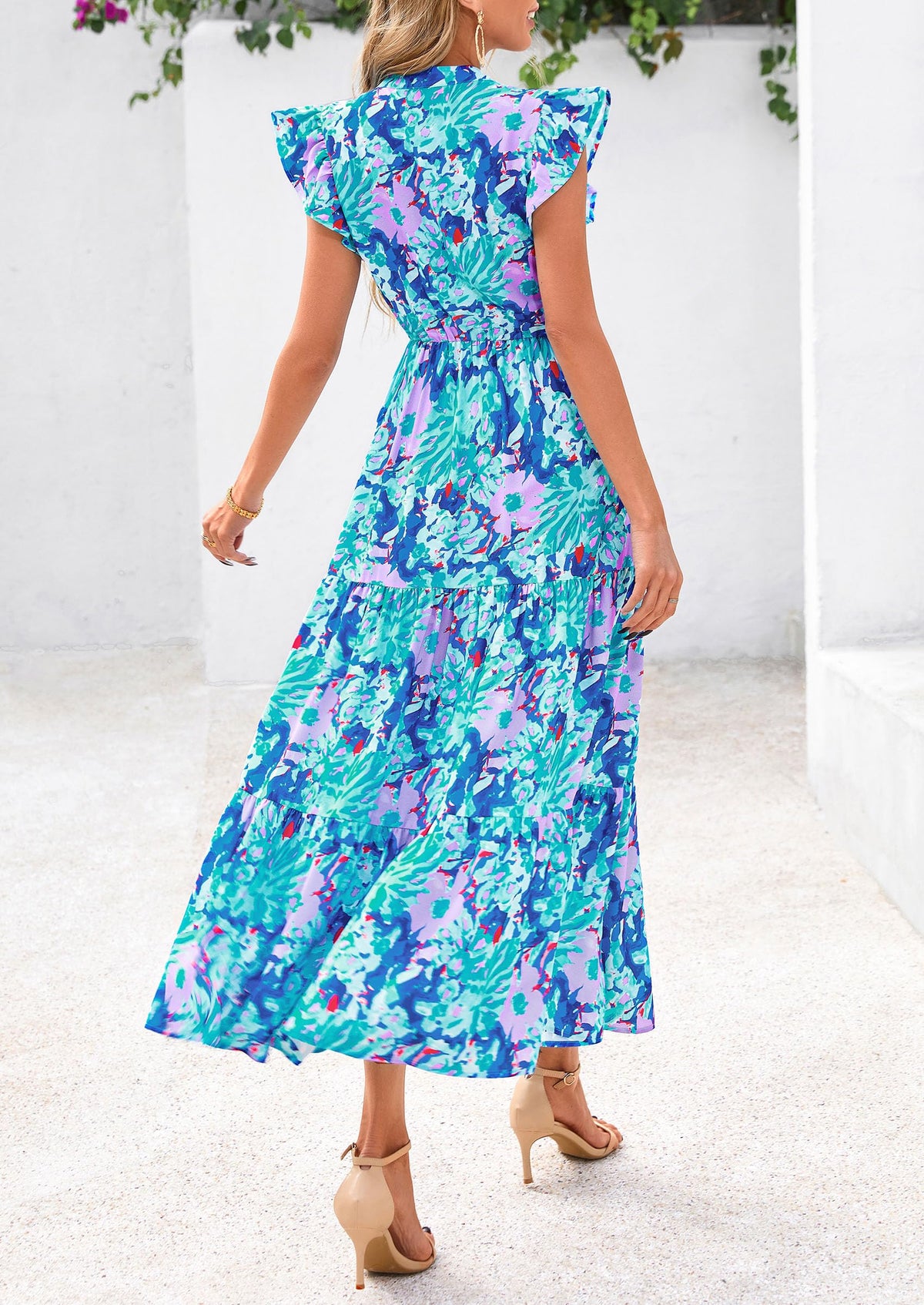 Floral Cap Sleeve V Neck Ruffle Flowy Boho Casual Beach Vacation Midi Dress