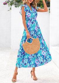 Floral Cap Sleeve V Neck Ruffle Flowy Boho Casual Beach Vacation Midi Dress