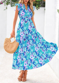 Floral Cap Sleeve V Neck Ruffle Flowy Boho Casual Beach Vacation Midi Dress