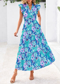 Floral Cap Sleeve V Neck Ruffle Flowy Boho Casual Beach Vacation Midi Dress