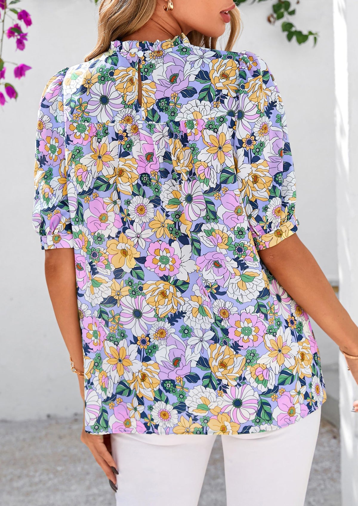 Floral Short Sleeve Dressy Casual Boho Pleated  Blouses