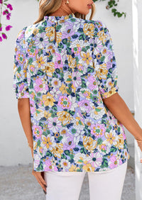 Floral Short Sleeve Dressy Casual Boho Pleated  Blouses
