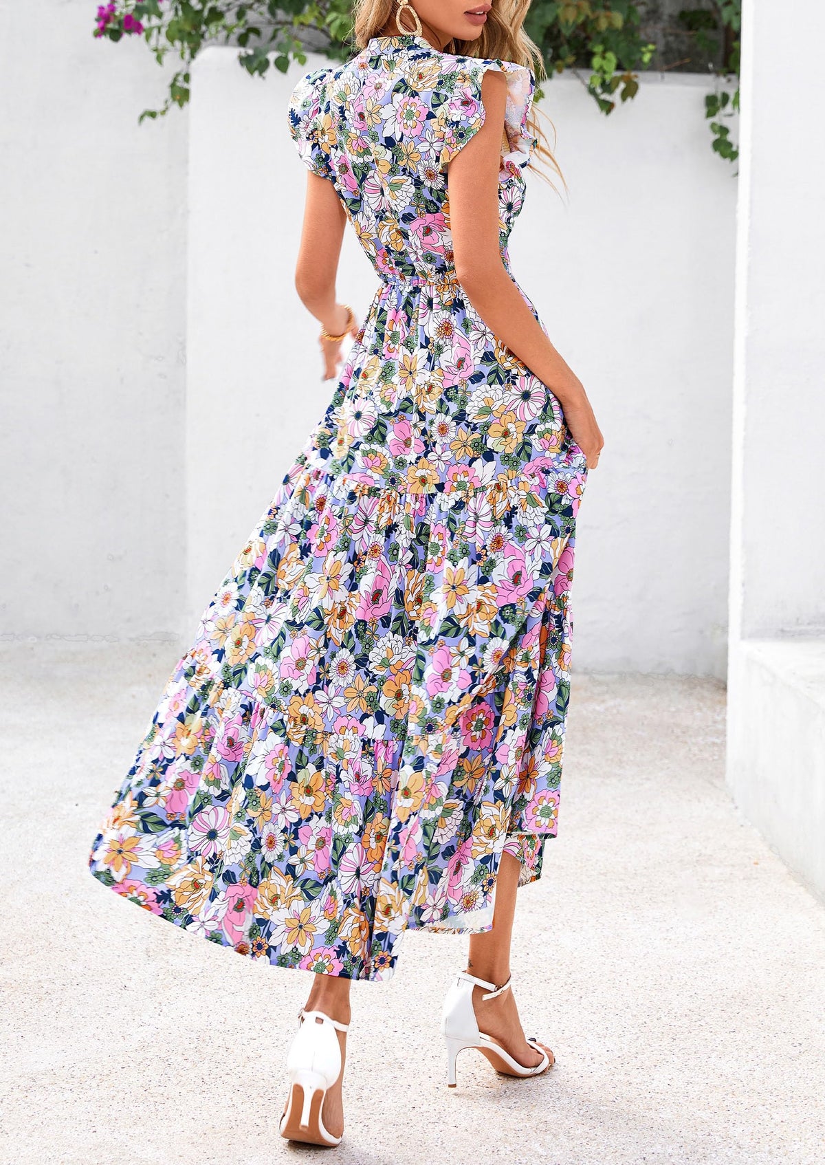 Floral Cap Sleeve V Neck Ruffle Flowy Boho Casual Beach Vacation Midi Dress