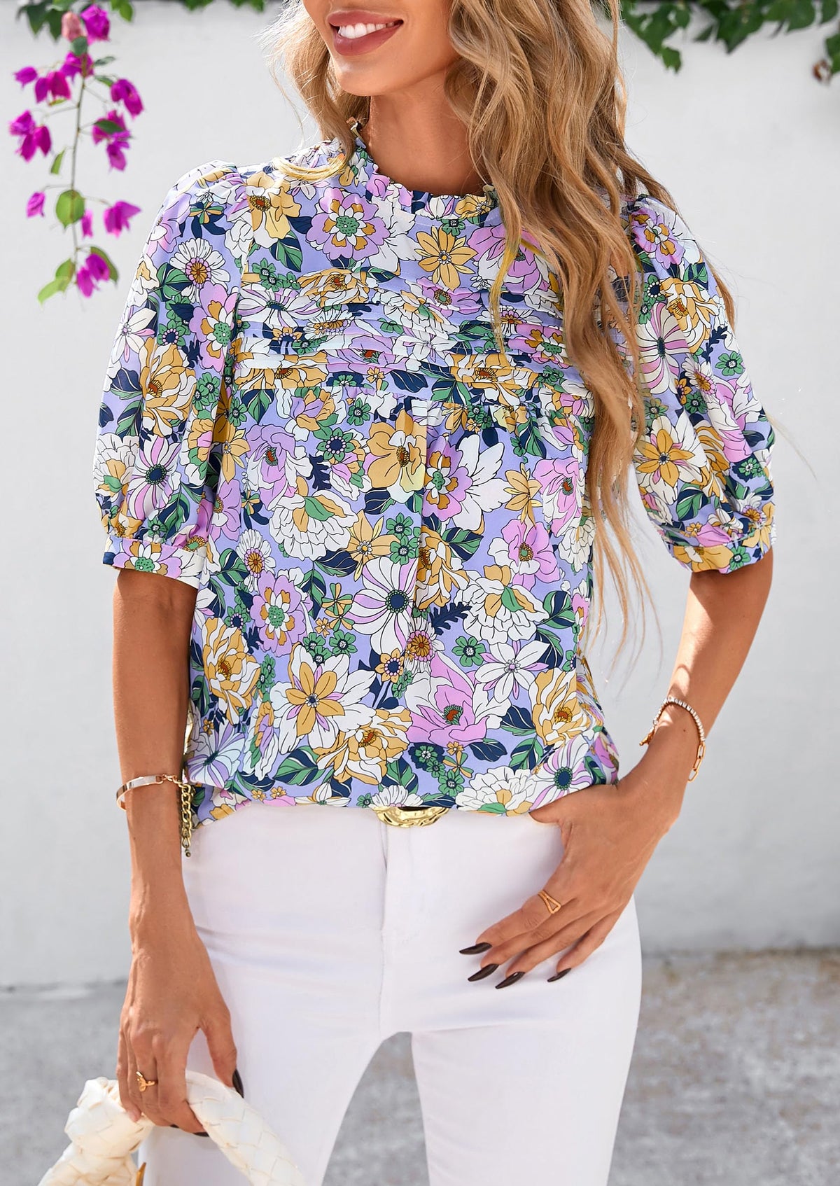 Floral Short Sleeve Dressy Casual Boho Pleated  Blouses
