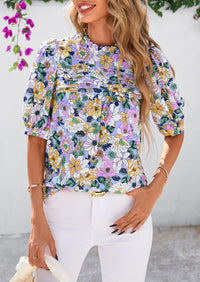 Floral Short Sleeve Dressy Casual Boho Pleated  Blouses