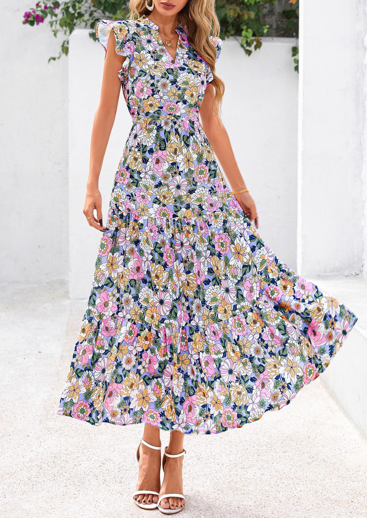 Floral Cap Sleeve V Neck Ruffle Flowy Boho Casual Beach Vacation Midi Dress