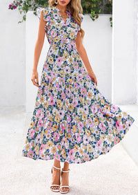 Floral Cap Sleeve V Neck Ruffle Flowy Boho Casual Beach Vacation Midi Dress