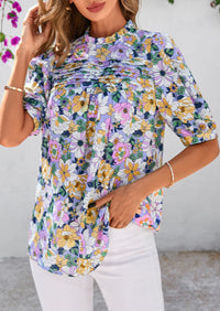 Floral Short Sleeve Dressy Casual Boho Pleated  Blouses