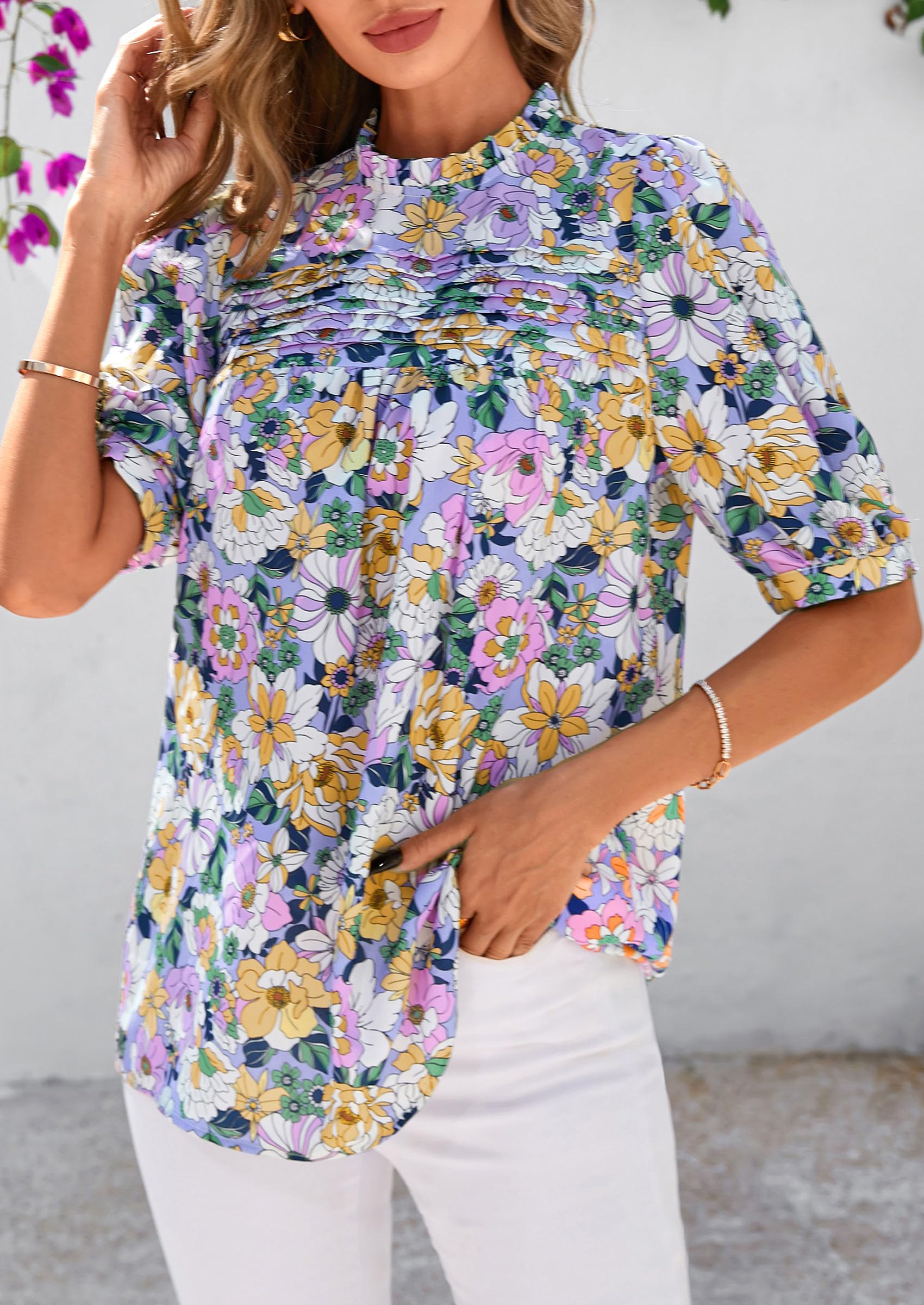 PRETTYGARDEN Floral Tops for Women Blouses Dressy Casual Summer Trendy Outfits Boho Pleated Short Sleeve Shirts
